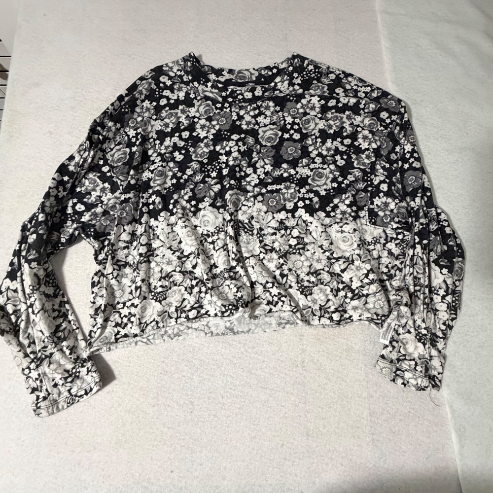 FP Movement Womens Floral Ombre Cropped Long Sleeve Top Black White Cotton L
